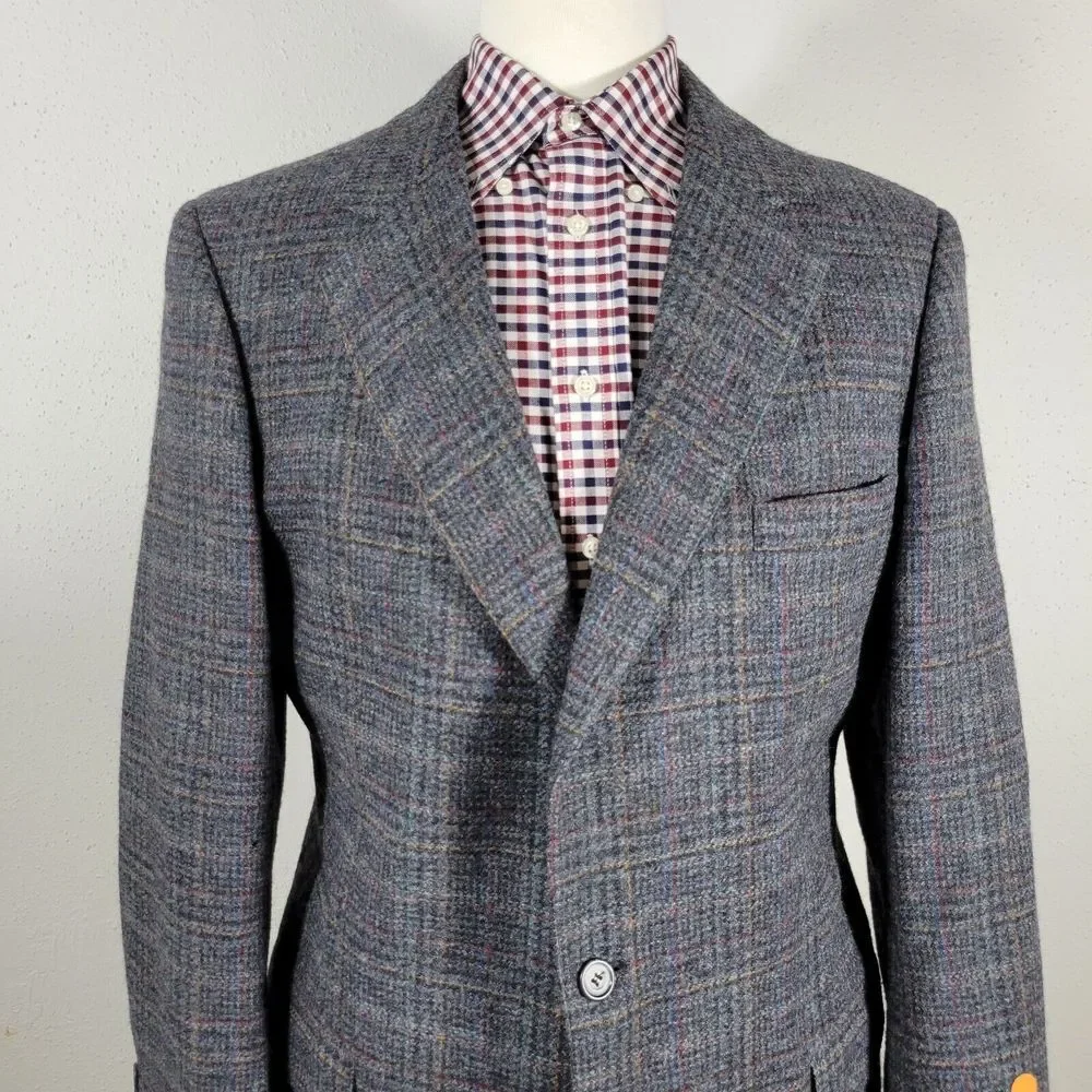 VTG John Alexander Men's Tweed Sport Coat Blazer‎ Two Button Plaid Gray Sz 44R